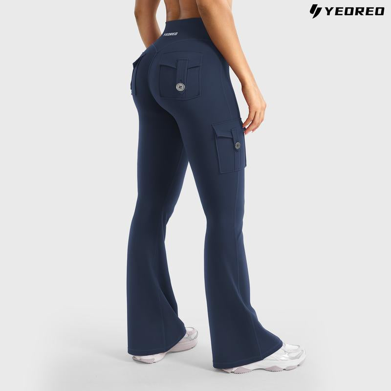 YEOREO Coreflex Women'S Workout Flare Leggings with Pockets Hidden Scrunch High Waisted Cargo Gym Yoga No Front Seam Leggings Flared Joggers Fitness Outfit Camouflage Sports Pants