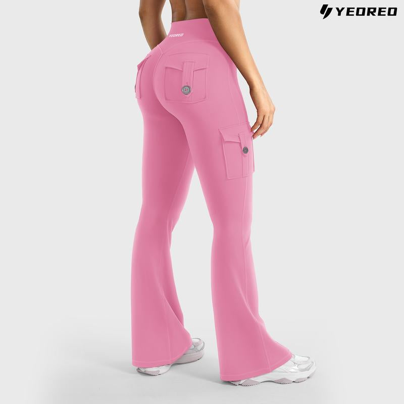 YEOREO Coreflex Women'S Workout Flare Leggings with Pockets Hidden Scrunch High Waisted Cargo Gym Yoga No Front Seam Leggings Flared Joggers Fitness Outfit Camouflage Sports Pants