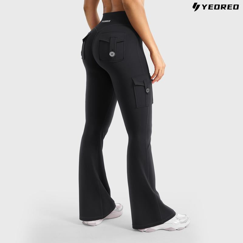 YEOREO Coreflex Women'S Workout Flare Leggings with Pockets Hidden Scrunch High Waisted Cargo Gym Yoga No Front Seam Leggings Flared Joggers Fitness Outfit Camouflage Sports Pants