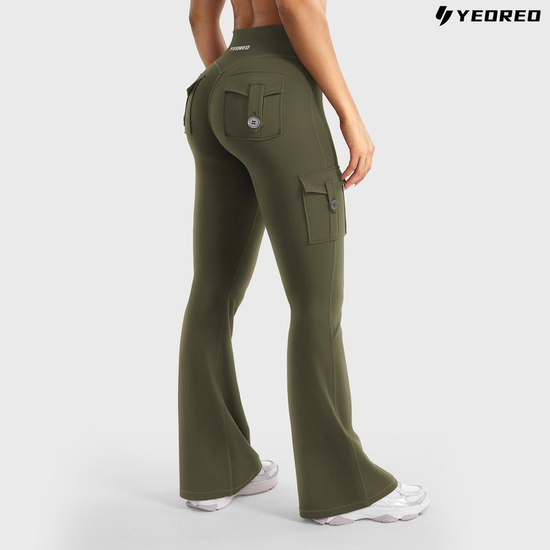YEOREO Coreflex Women'S Workout Flare Leggings with Pockets Hidden Scrunch High Waisted Cargo Gym Yoga No Front Seam Leggings Flared Joggers Fitness Outfit Camouflage Sports Pants