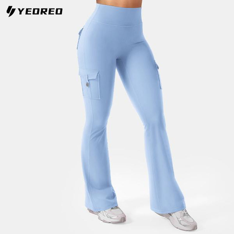 YEOREO Coreflex Women'S Workout Flare Leggings with Pockets Hidden Scrunch High Waisted Cargo Gym Yoga No Front Seam Leggings Flared Joggers Fitness Outfit Camouflage Sports Pants