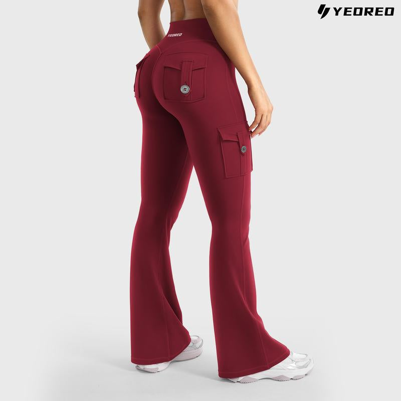 YEOREO Coreflex Women'S Workout Flare Leggings with Pockets Hidden Scrunch High Waisted Cargo Gym Yoga No Front Seam Leggings Flared Joggers Fitness Outfit Camouflage Sports Pants