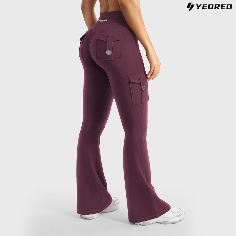 YEOREO Coreflex Women'S Workout Flare Leggings with Pockets Hidden Scrunch High Waisted Cargo Gym Yoga No Front Seam Leggings Flared Joggers Fitness Outfit Camouflage Sports Pants