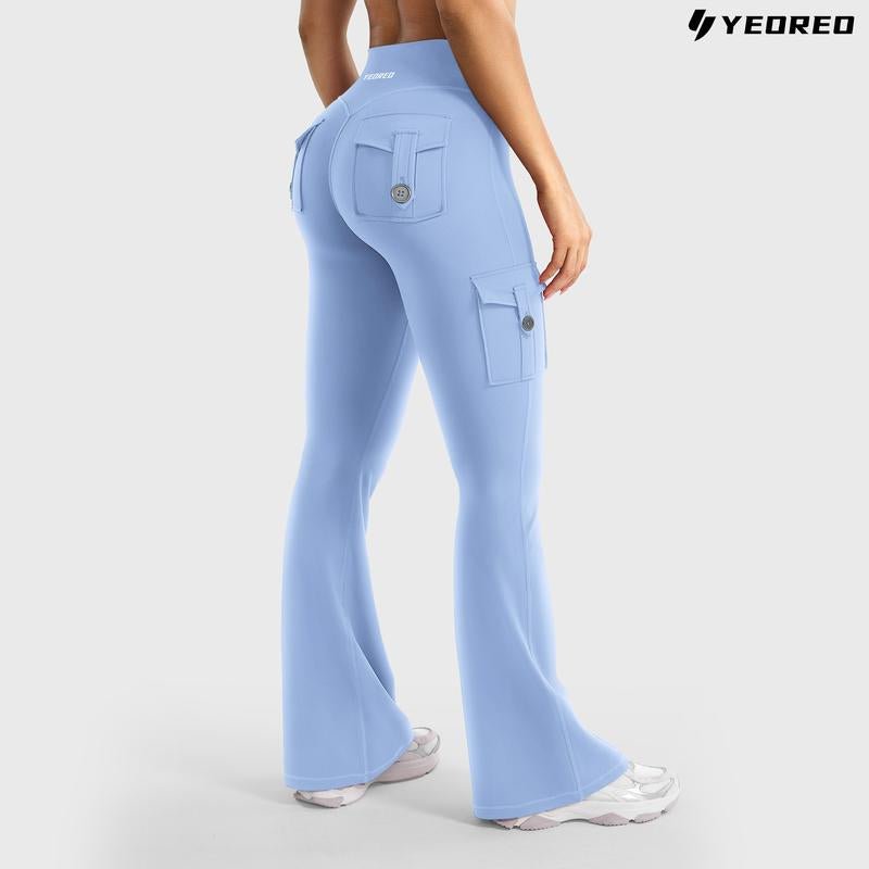 YEOREO Coreflex Women'S Workout Flare Leggings with Pockets Hidden Scrunch High Waisted Cargo Gym Yoga No Front Seam Leggings Flared Joggers Fitness Outfit Camouflage Sports Pants