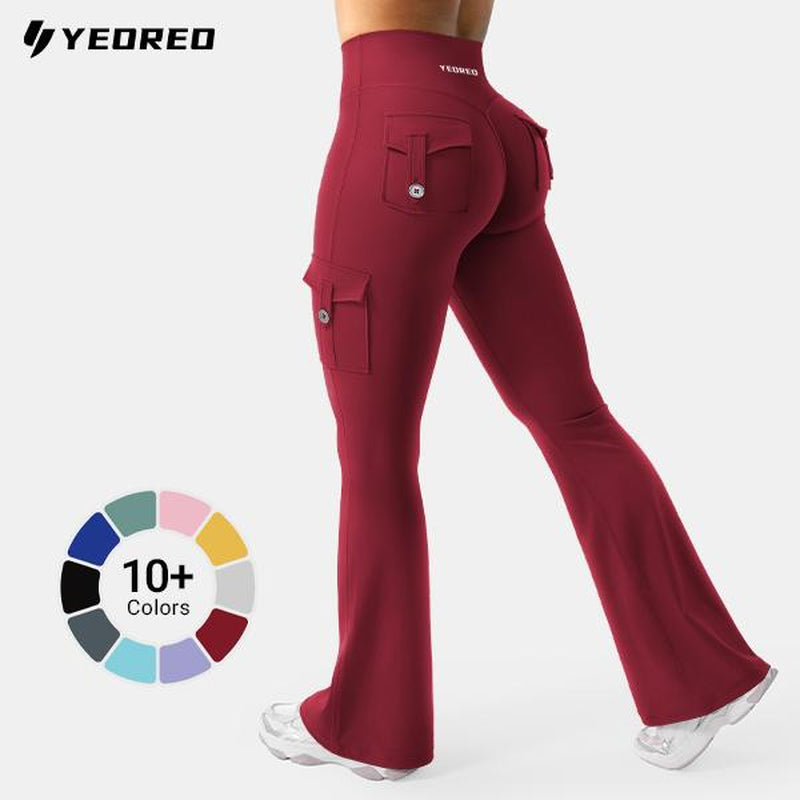 YEOREO Coreflex Women'S Workout Flare Leggings with Pockets Hidden Scrunch High Waisted Cargo Gym Yoga No Front Seam Leggings Flared Joggers Fitness Outfit Camouflage Sports Pants