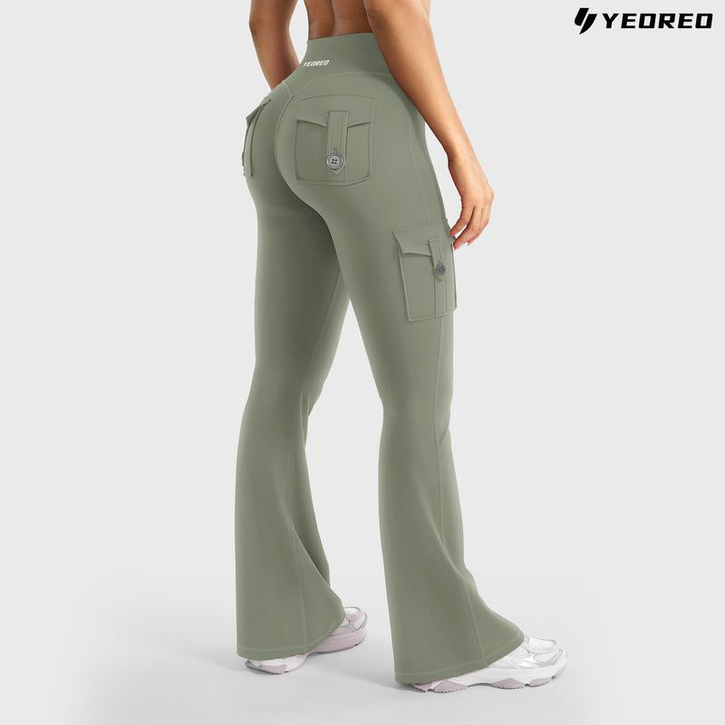 YEOREO Coreflex Women'S Workout Flare Leggings with Pockets Hidden Scrunch High Waisted Cargo Gym Yoga No Front Seam Leggings Flared Joggers Fitness Outfit Camouflage Sports Pants