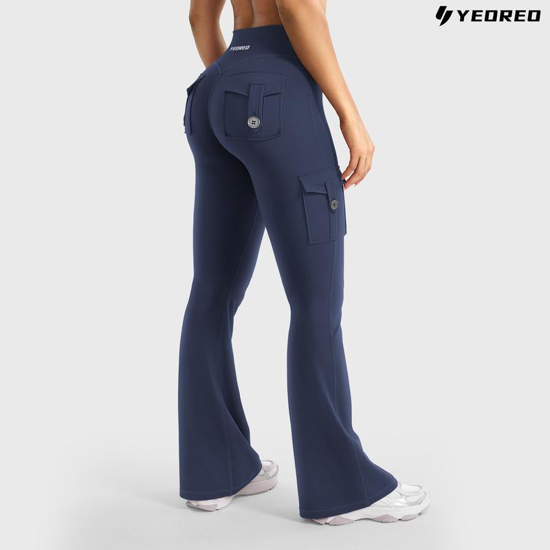 YEOREO Coreflex Women'S Workout Flare Leggings with Pockets Hidden Scrunch High Waisted Cargo Gym Yoga No Front Seam Leggings Flared Joggers Fitness Outfit Camouflage Sports Pants