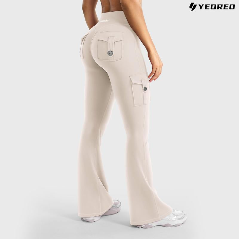 YEOREO Coreflex Women'S Workout Flare Leggings with Pockets Hidden Scrunch High Waisted Cargo Gym Yoga No Front Seam Leggings Flared Joggers Fitness Outfit Camouflage Sports Pants
