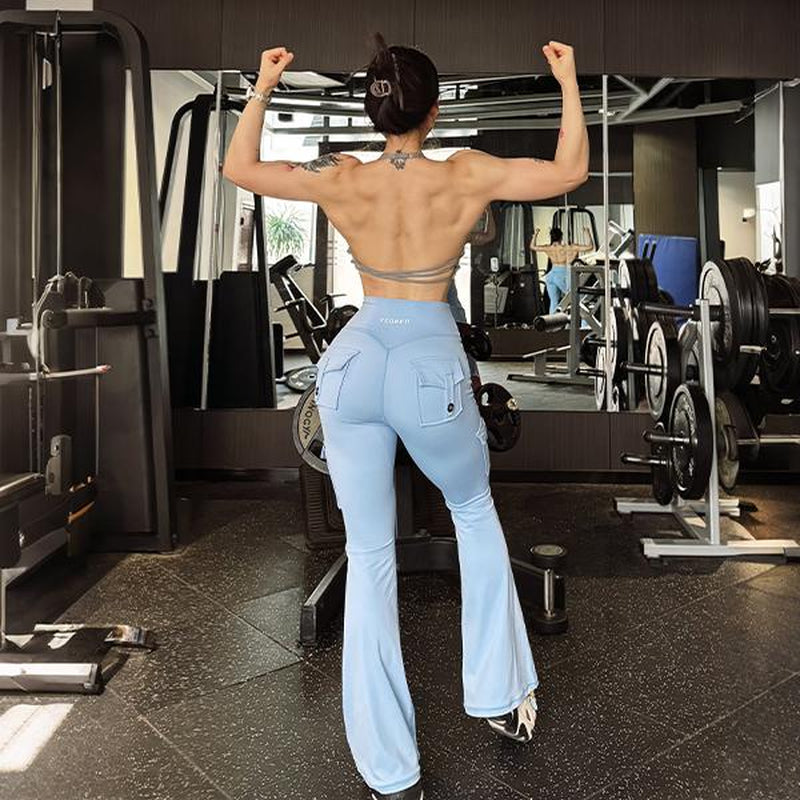 YEOREO Coreflex Women'S Workout Flare Leggings with Pockets Hidden Scrunch High Waisted Cargo Gym Yoga No Front Seam Leggings Flared Joggers Fitness Outfit Camouflage Sports Pants