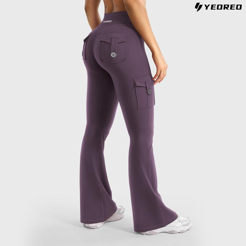 YEOREO Coreflex Women'S Workout Flare Leggings with Pockets Hidden Scrunch High Waisted Cargo Gym Yoga No Front Seam Leggings Flared Joggers Fitness Outfit Camouflage Sports Pants