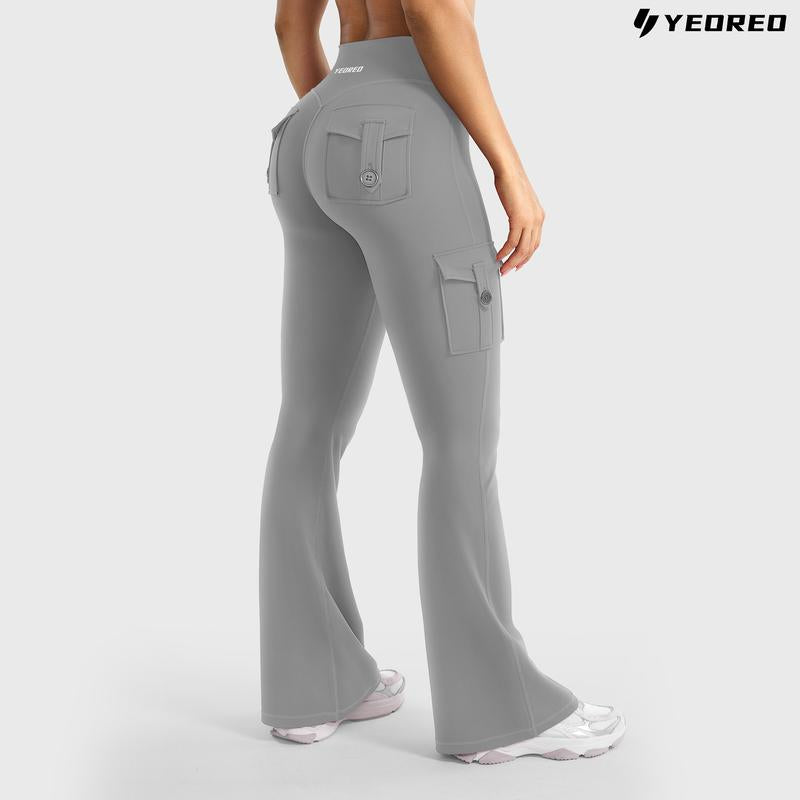 YEOREO Coreflex Women'S Workout Flare Leggings with Pockets Hidden Scrunch High Waisted Cargo Gym Yoga No Front Seam Leggings Flared Joggers Fitness Outfit Camouflage Sports Pants