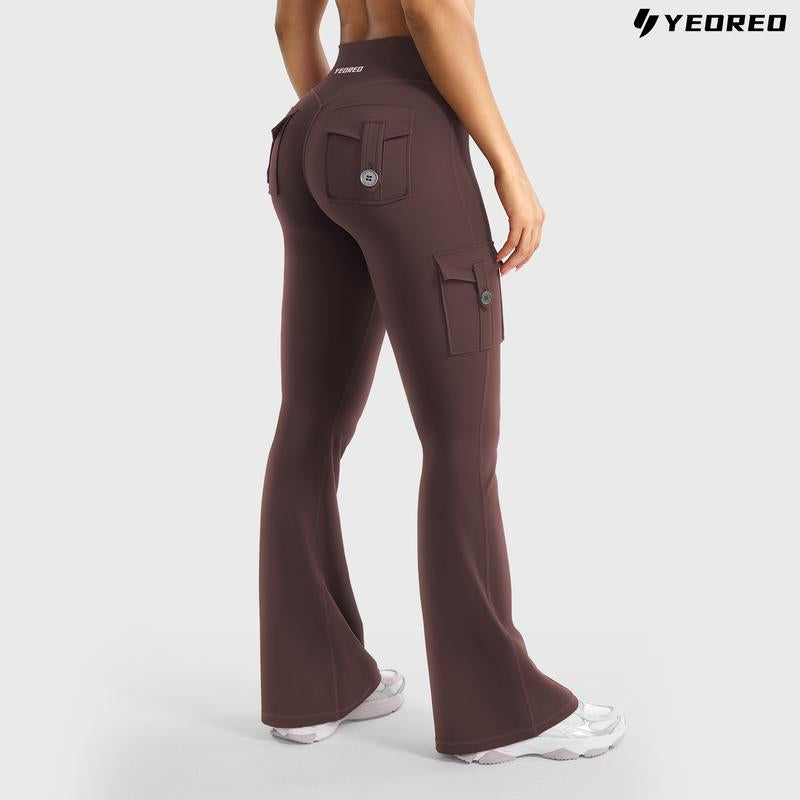 YEOREO Coreflex Women'S Workout Flare Leggings with Pockets Hidden Scrunch High Waisted Cargo Gym Yoga No Front Seam Leggings Flared Joggers Fitness Outfit Camouflage Sports Pants