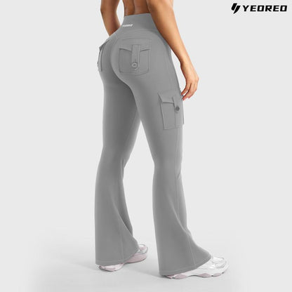 YEOREO Coreflex Women'S Workout Flare Leggings with Pockets Hidden Scrunch High Waisted Cargo Gym Yoga No Front Seam Leggings Flared Joggers Fitness Outfit Camouflage Sports Pants