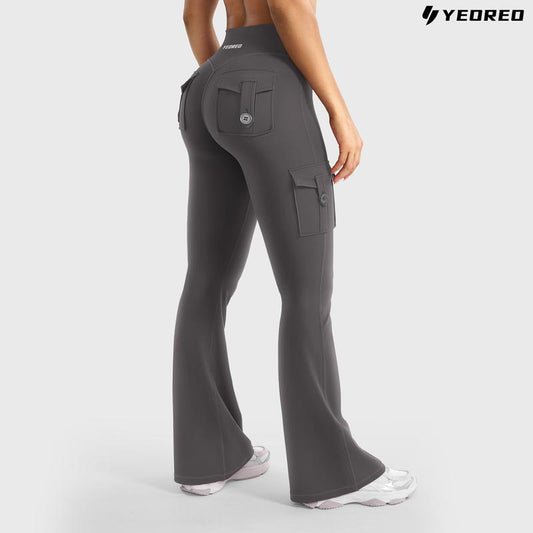 YEOREO Coreflex Women'S Workout Flare Leggings with Pockets Hidden Scrunch High Waisted Cargo Gym Yoga No Front Seam Leggings Flared Joggers Fitness Outfit Camouflage Sports Pants